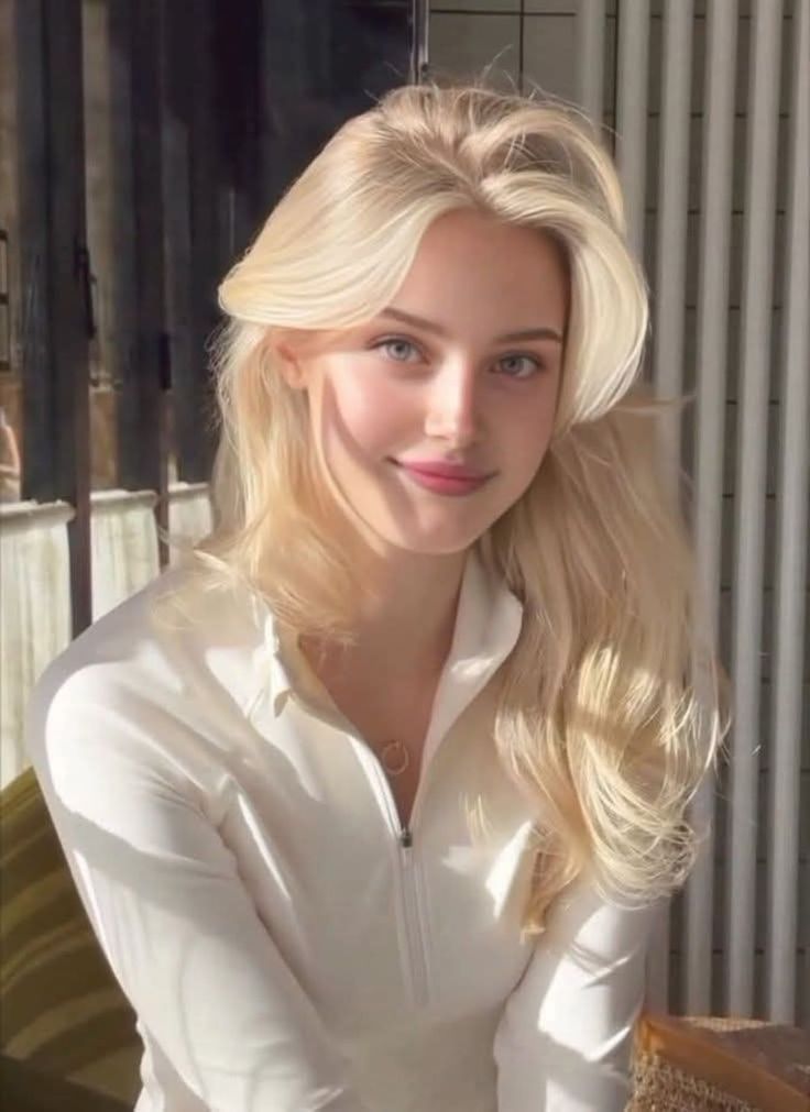 Blonde woman in a white top with soft lighting indoors