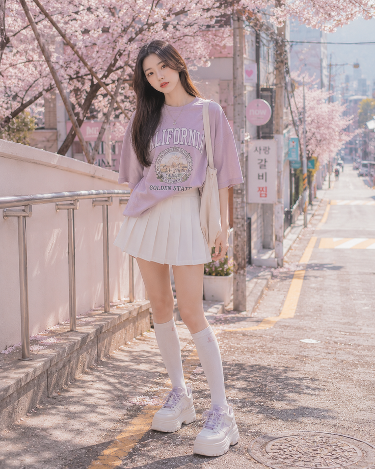 Woman in a purple t-shirt and white pleated skirt on a cherry blossom lined street