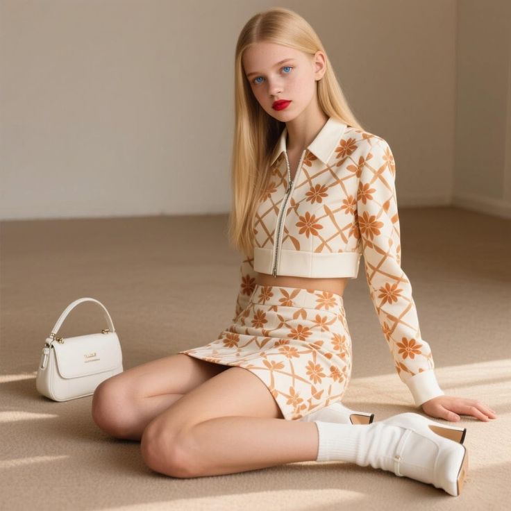 Blonde woman in a floral crop top and mini skirt sitting on a carpeted floor