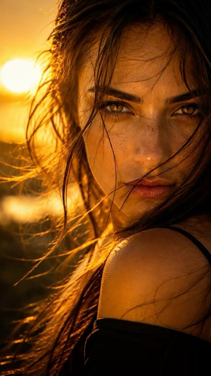 Woman with long hair and freckles in golden hour backlight
