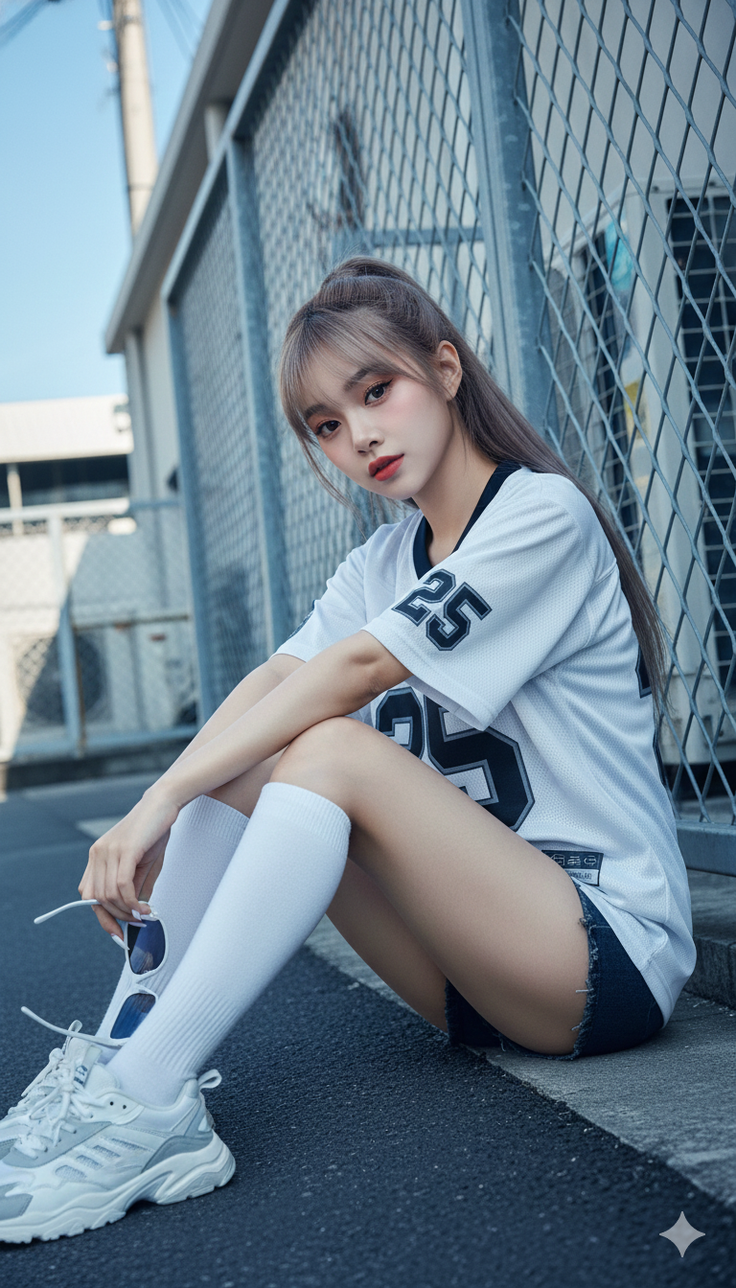 Woman in a white jersey shirt and denim shorts sitting on the ground outdoors
