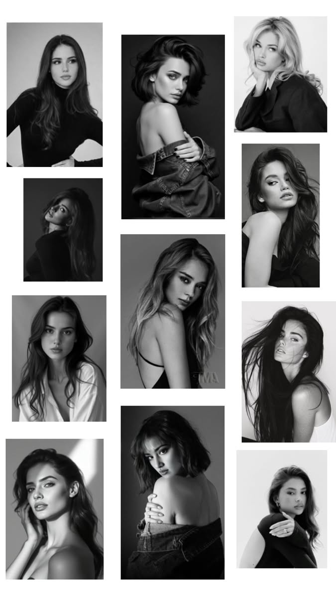 Collage of black and white portraits of women with various hairstyles and poses