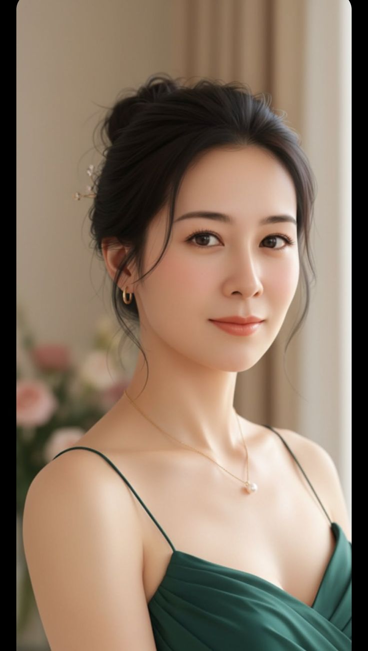 Woman with an updo hairstyle wearing a green dress and gold jewelry