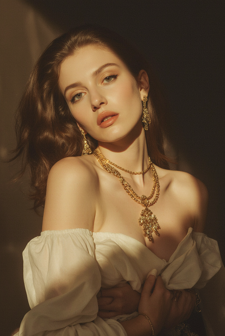 Woman with long hair and gold jewelry wearing an off-shoulder top