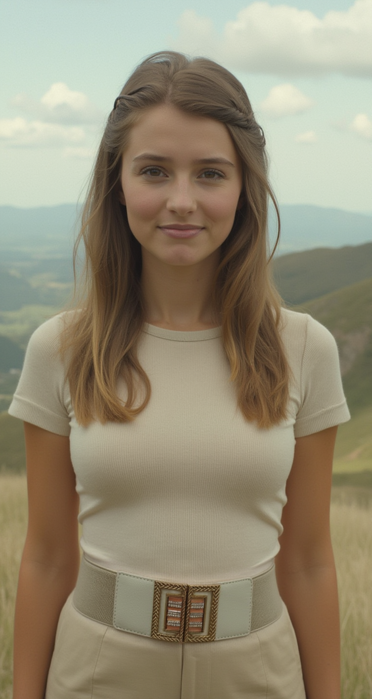 Woman with braided long hair wearing a beige top and wide belt in a mountain landscape