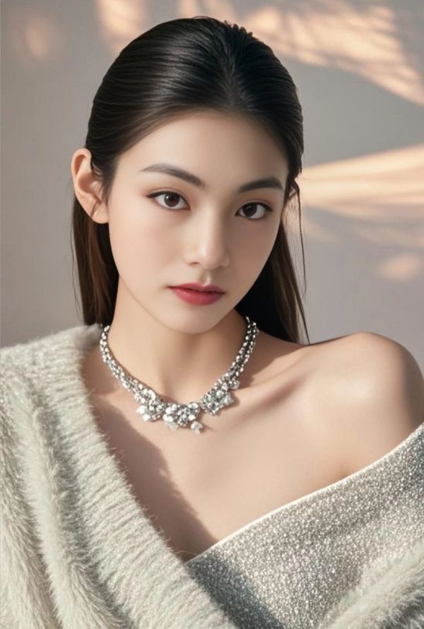 Woman with long hair wearing a necklace and an off-shoulder top