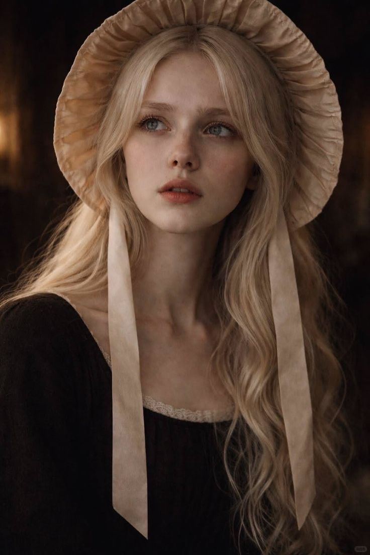Blonde woman in a bonnet and black dress with lace trim looking up