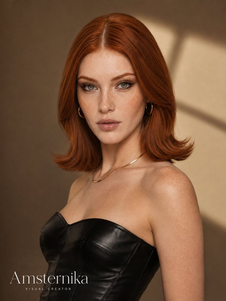 Woman with red hair and freckles wearing a black corset and gold jewelry