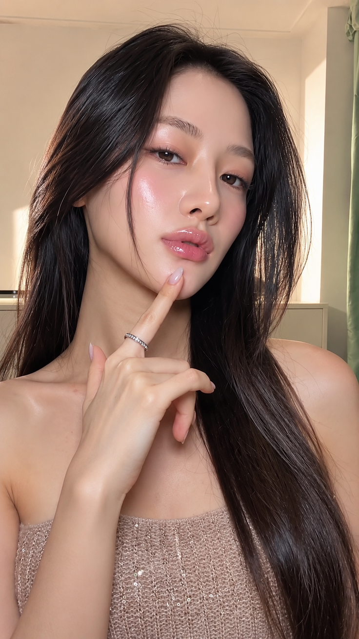 Woman with long dark hair and glossy lips wearing a sparkly strapless top
