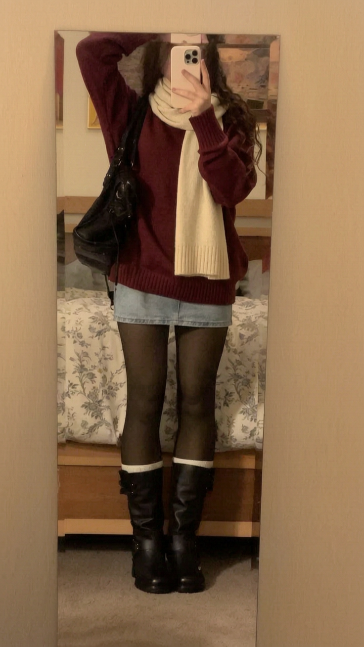 Person in a maroon sweater, denim skirt, and black boots taking a mirror selfie
