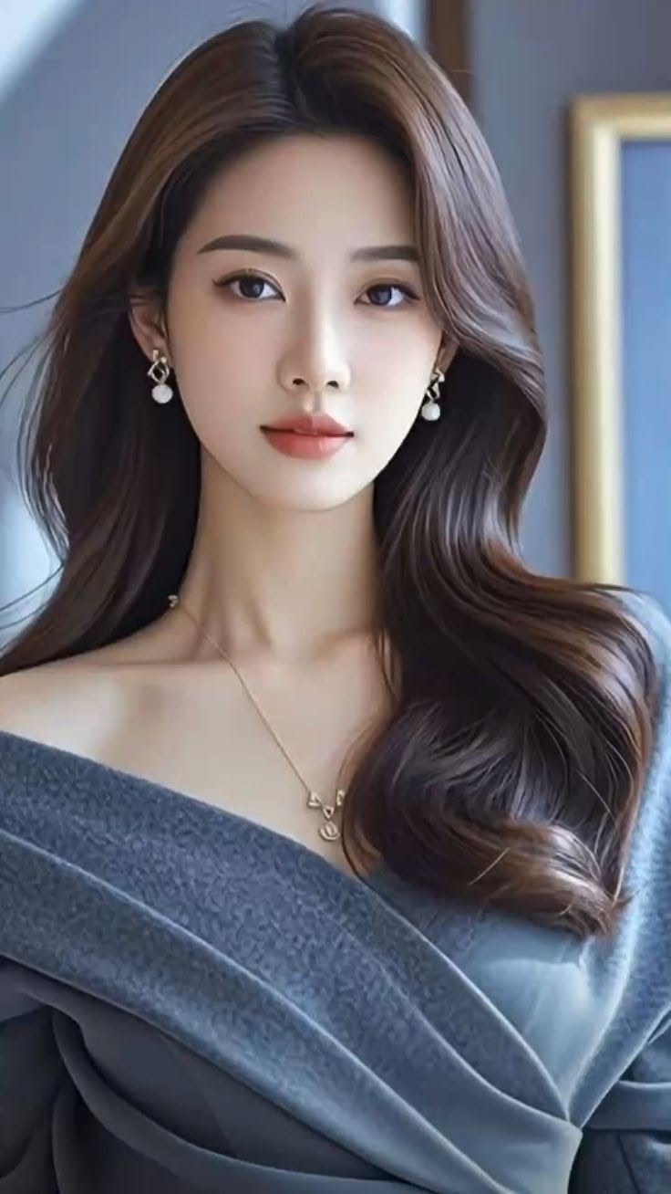 Woman with long wavy hair wearing an off-shoulder top and jewelry