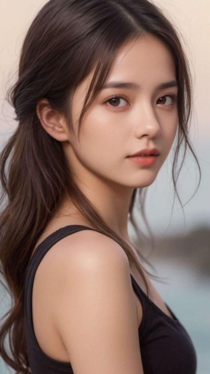 Woman with long brown hair wearing a black top outdoors with soft lighting