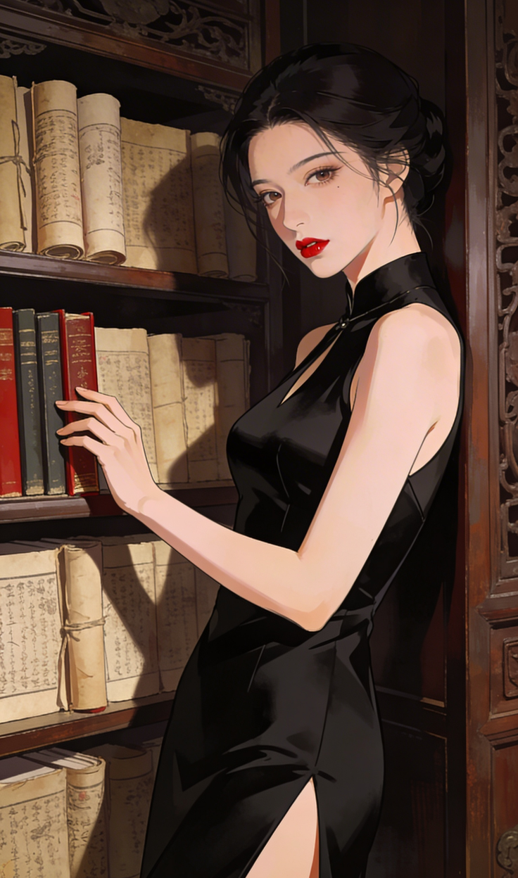 Woman in a black dress with red lipstick standing by a bookshelf