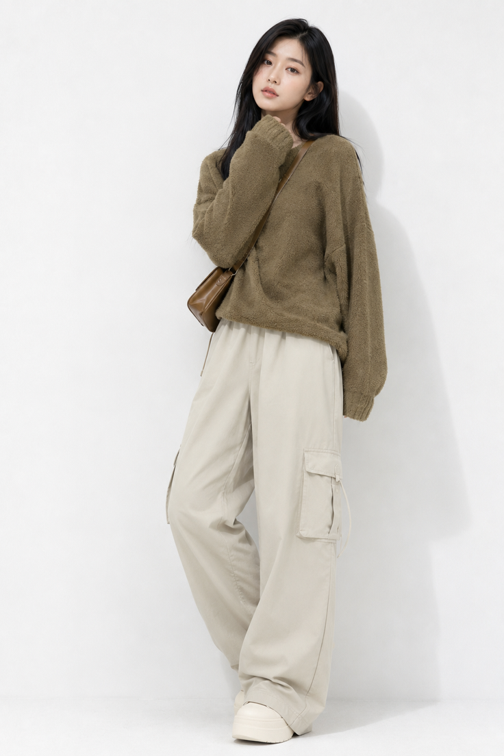 Woman with long black hair wearing a brown sweater and cargo pants