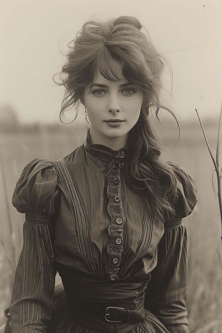 Woman in a vintage dress with puffy sleeves and a high collar in an outdoor setting