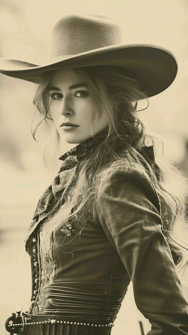 Woman in a cowboy hat and western attire with long flowing hair