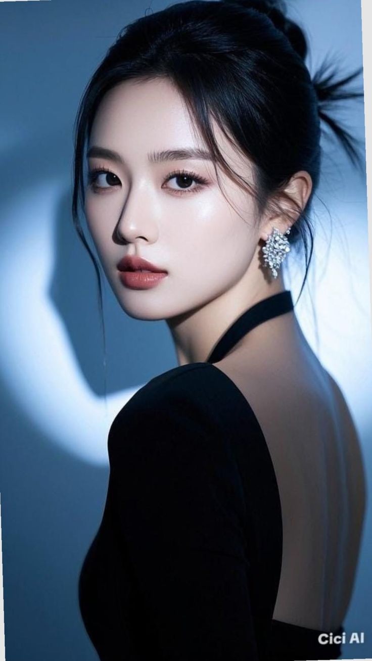 Woman in a black backless dress with diamond earrings looking over her shoulder