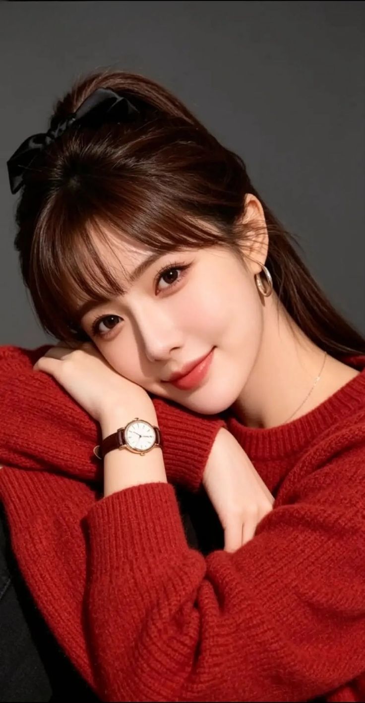 Woman in a red sweater with a black bow in her hair, wearing a watch and earrings