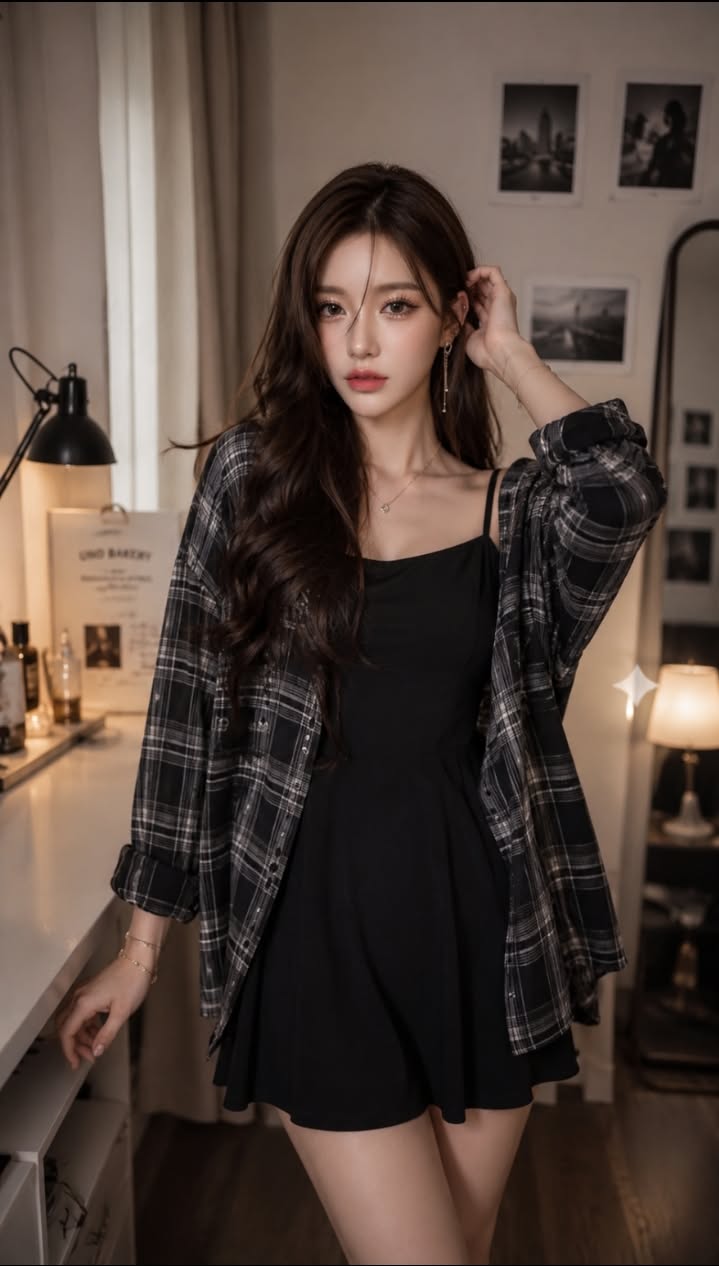 Woman in a black dress and plaid shirt posing indoors