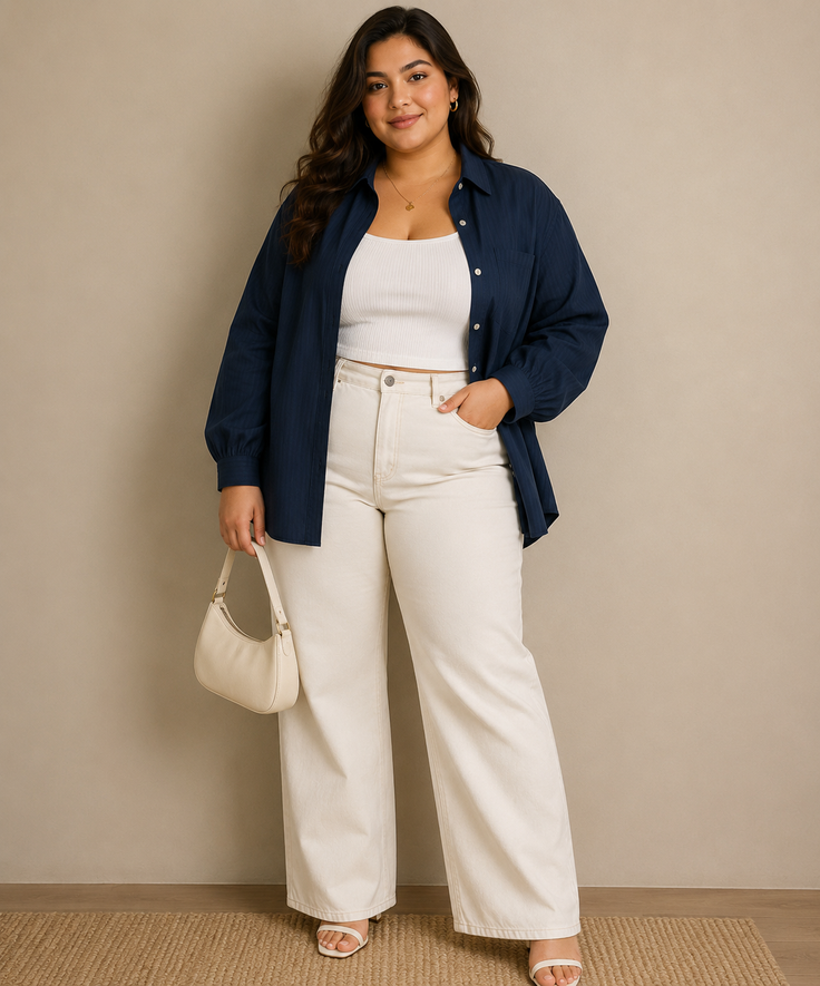 Woman in a navy blue shirt and white wide-leg pants holding a shoulder bag