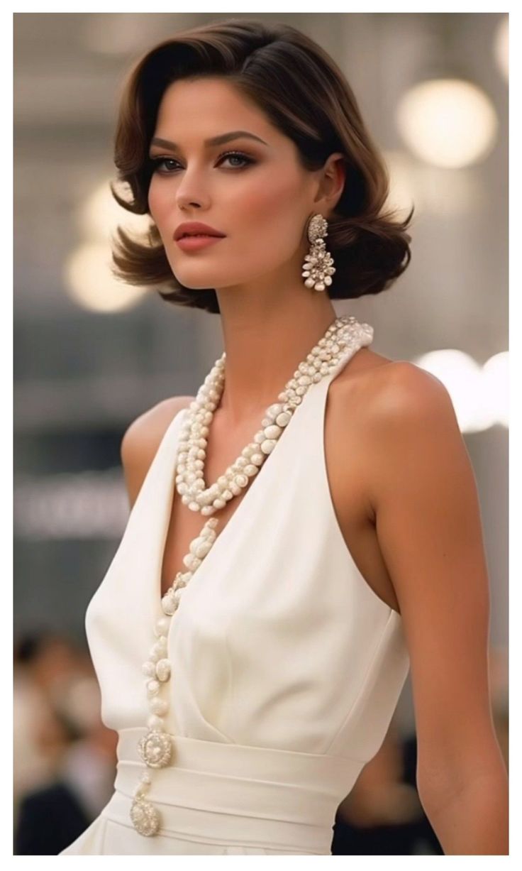 Woman in a white dress with pearl jewelry and short brown hair