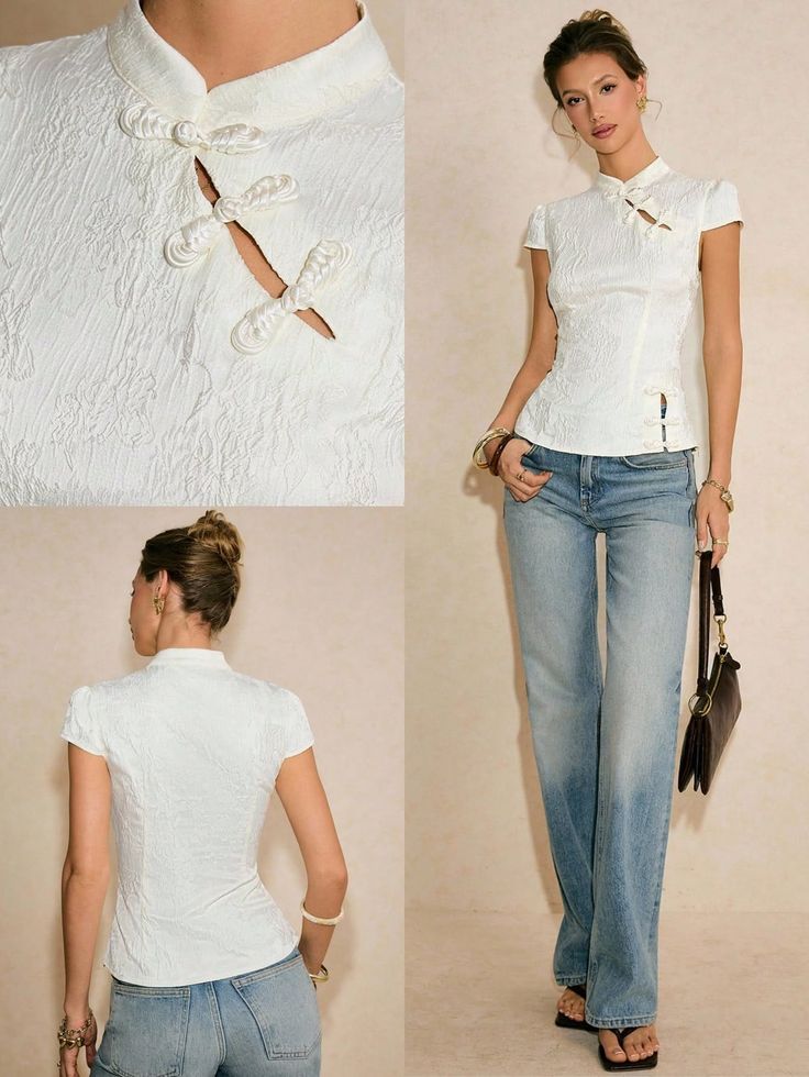 Woman in a white mandarin collar top and denim jeans posing indoors