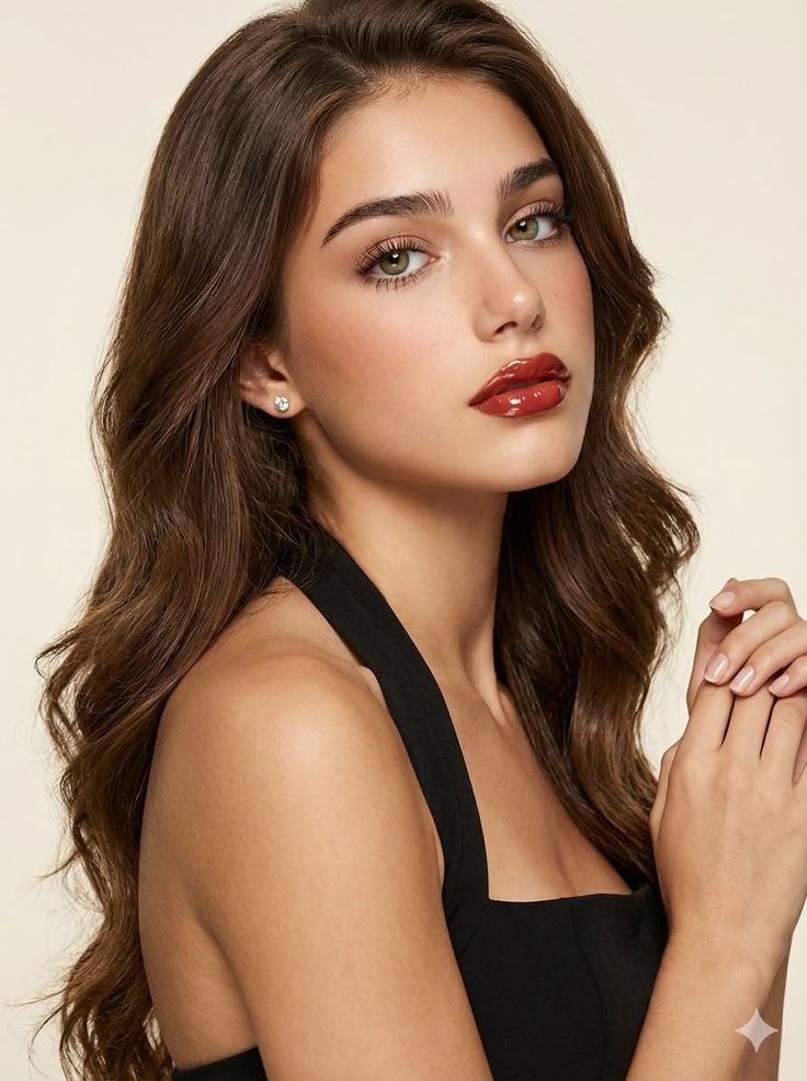 Woman with long wavy hair and red lipstick wearing a black top