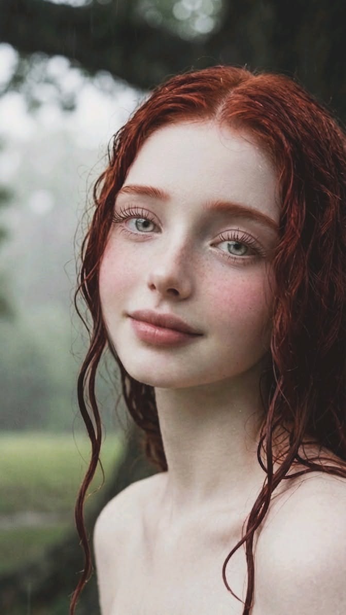 Woman with red hair and freckles, wet hair and exposed shoulders outdoors