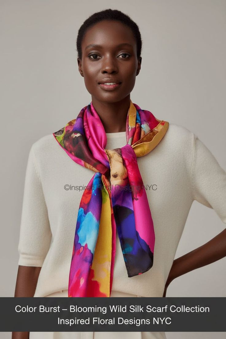 Woman with short hair wearing a colorful silk scarf and white sweater