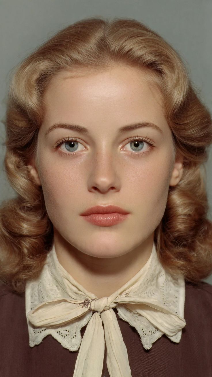 Woman with blonde hair and blue eyes wearing a brown top with a lace collar