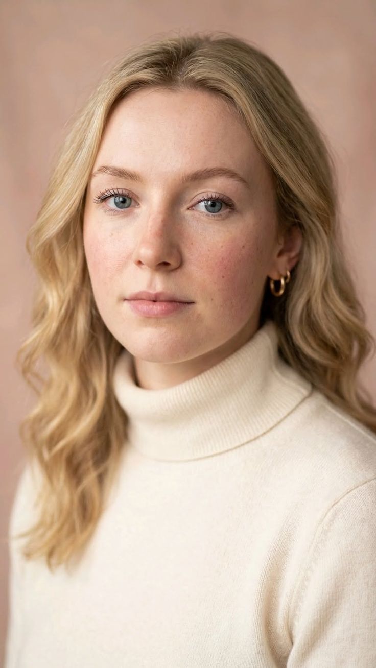 Woman with blonde hair and a cream turtleneck sweater looking at the camera