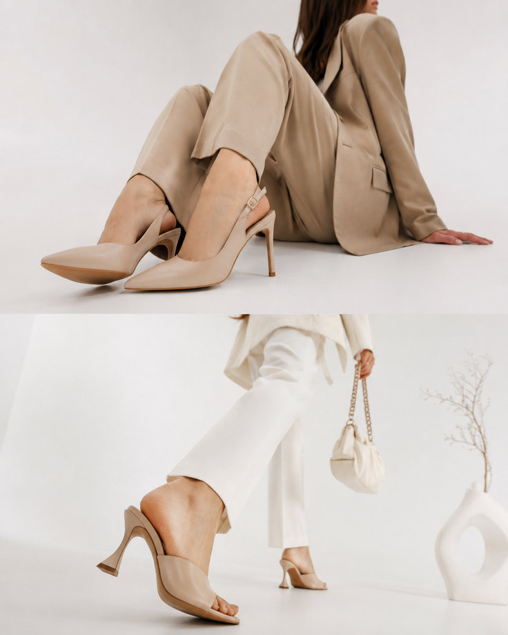 Two women showcasing different high heels and outfits in a studio setting