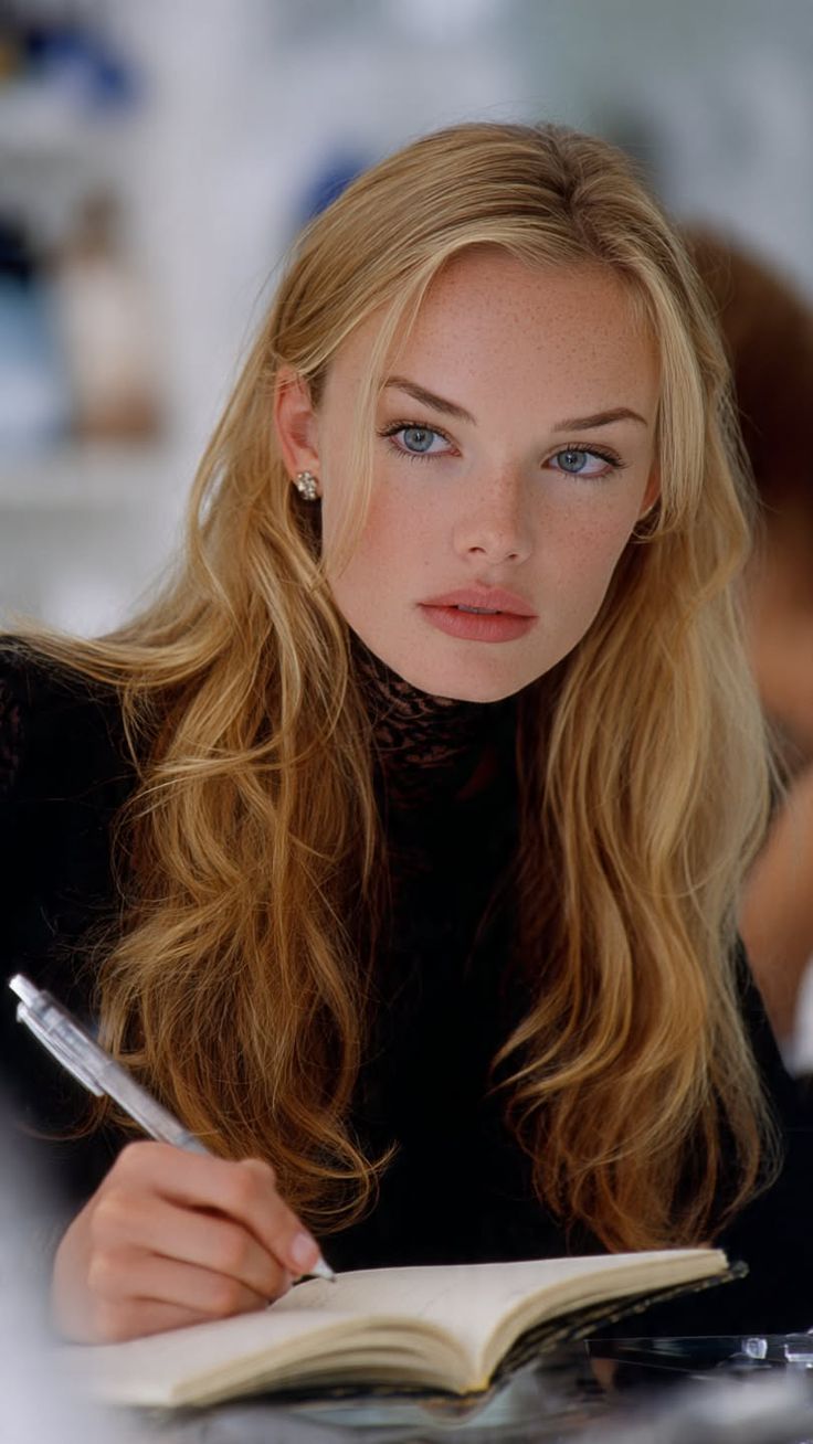 Blonde woman with freckles and blue eyes writing in a notebook