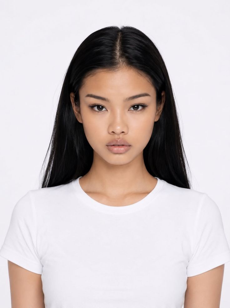Woman with long black hair wearing a white t-shirt in a studio portrait