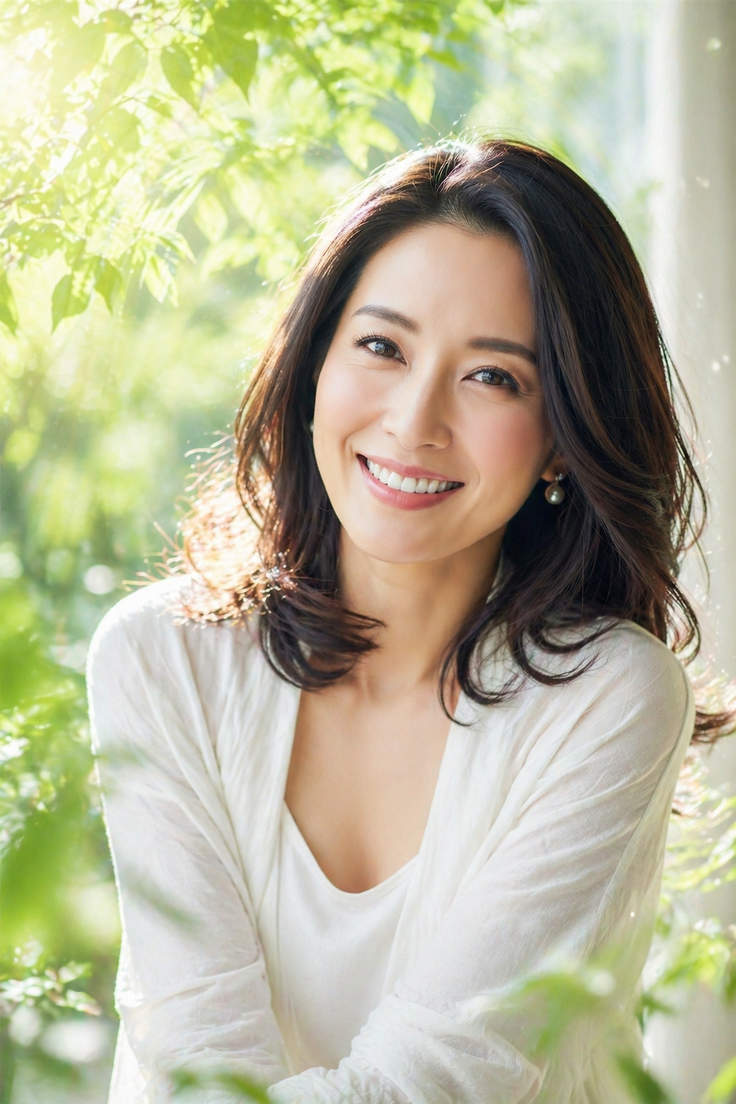 Woman with medium dark hair smiling outdoors with soft backlight