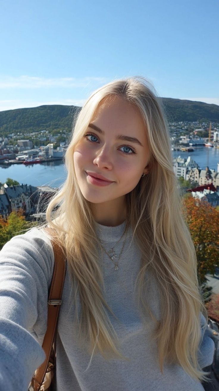 Blonde woman with blue eyes smiling in a cityscape on a sunny day