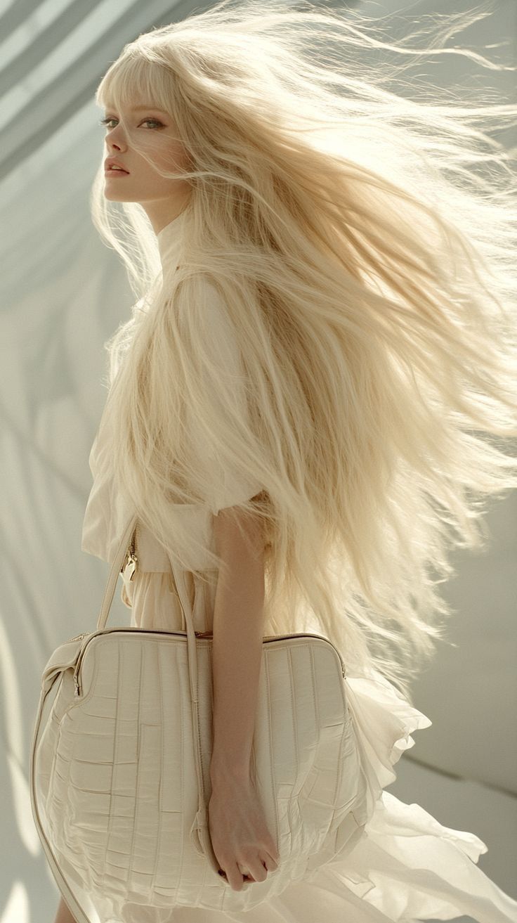 Woman with long blonde hair and a white dress holding a white handbag