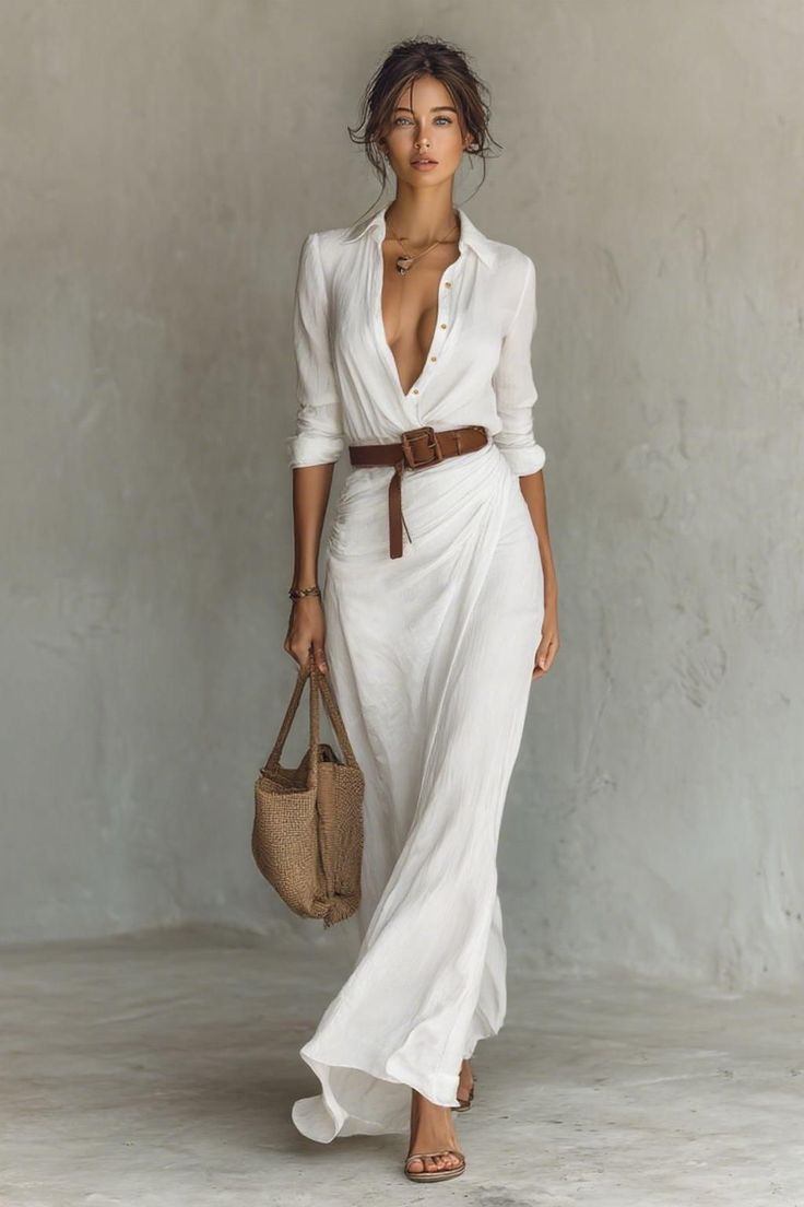 Woman in a white dress with a deep V-neck and a brown belt holding a straw bag