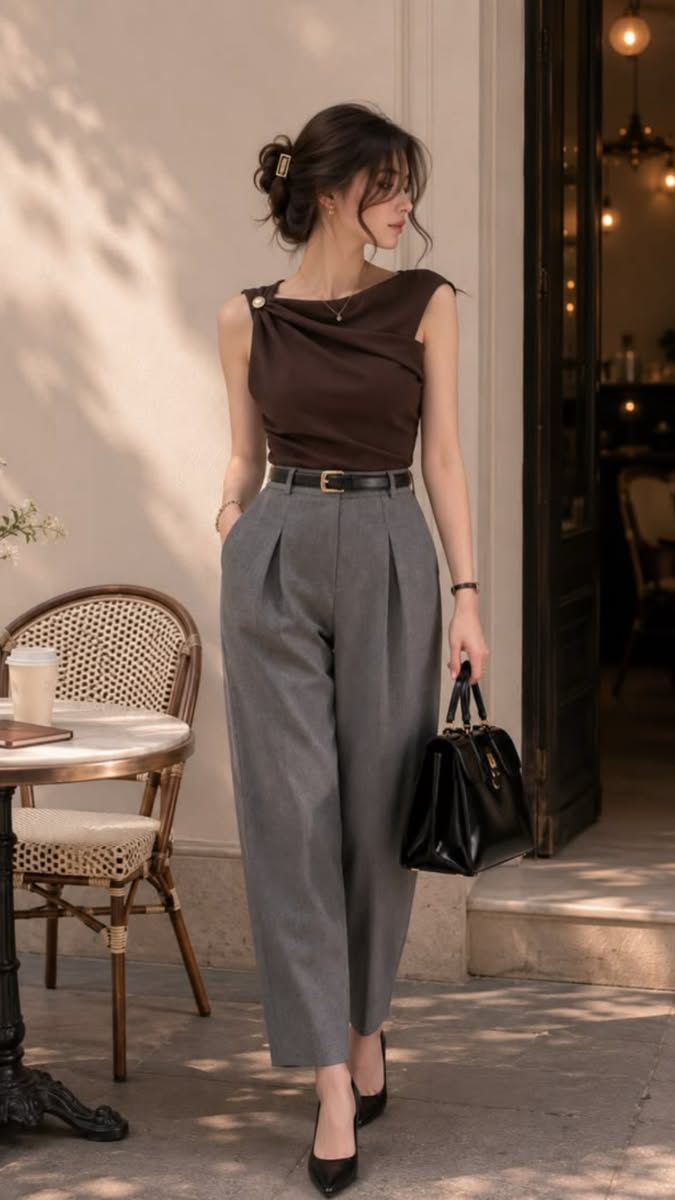 Woman in a brown top and grey pants holding a black handbag at an outdoor cafe