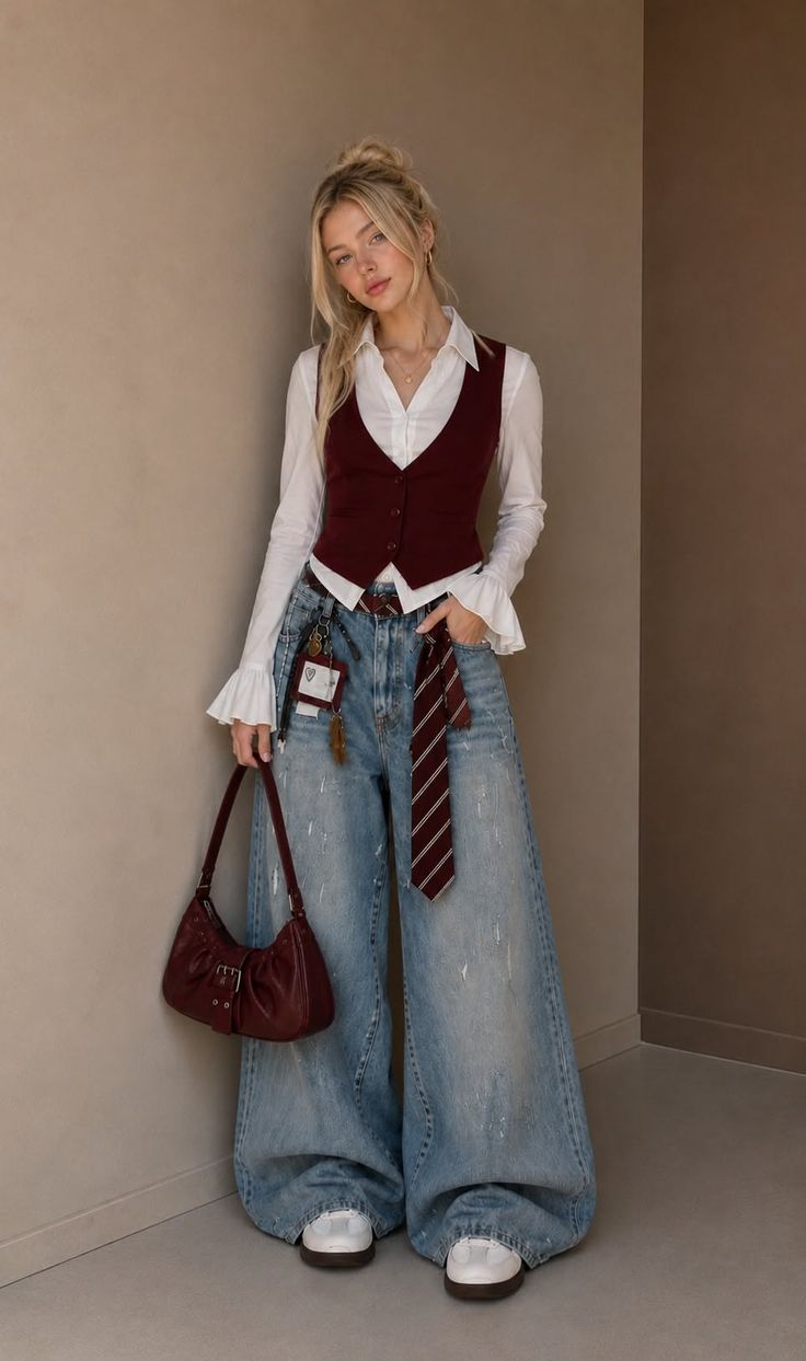 Blonde woman in a white shirt, maroon vest, and baggy jeans holding a shoulder bag
