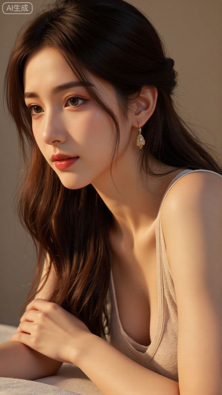 Woman with long brown hair and earrings, wearing a tank top with visible cleavage