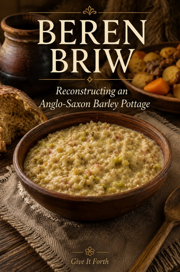 Barley pottage in a wooden bowl on a rustic table with bread and other dishes
