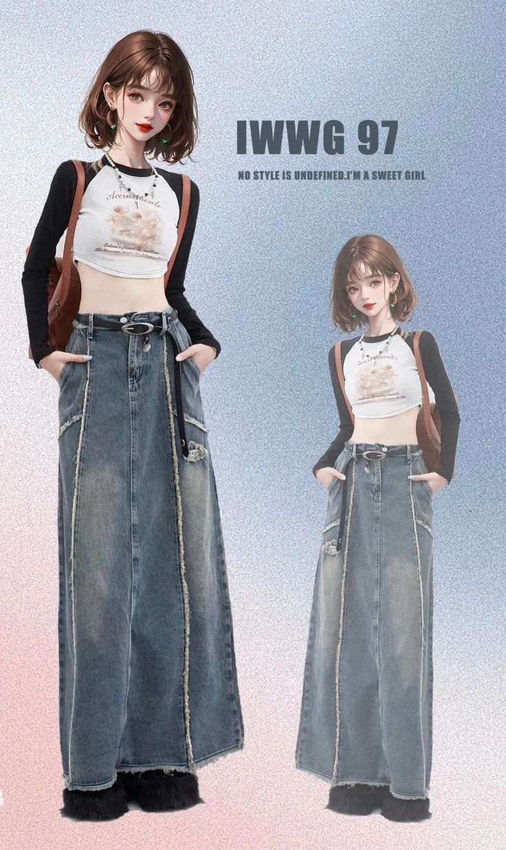 Two anime-style girls in crop tops and long denim skirts with backpacks