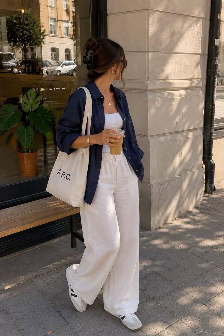 Woman in white wide leg pants and a navy blue shirt holding a drink on a street