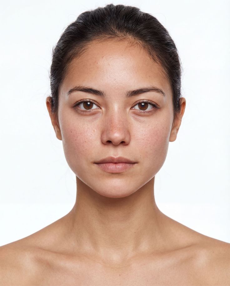 Woman with dark hair and bare shoulders against a white background