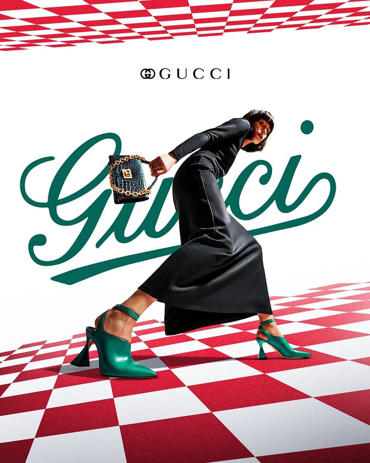 Woman in a black dress and green heels walking on a red and white checkered floor