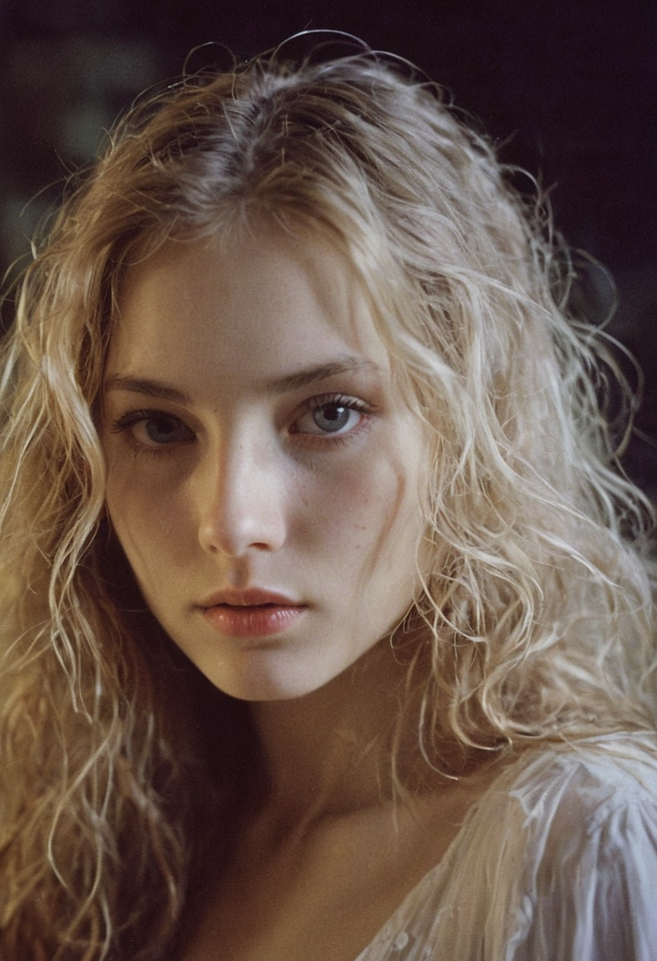 Young woman with blonde wavy hair and blue eyes in a soft-lit portrait