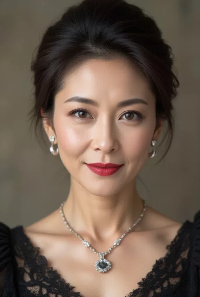 Woman with an updo, red lipstick, and jewelry looking at the camera