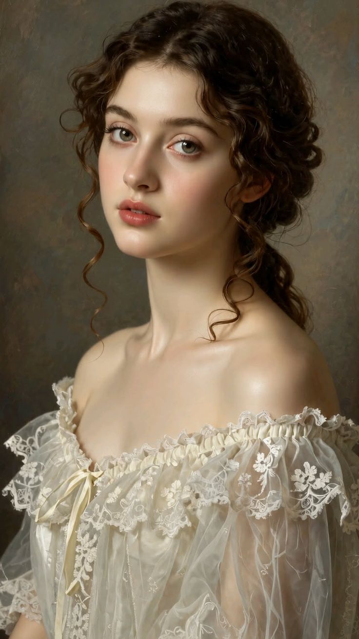 Woman with curly hair wearing an off-shoulder lace dress