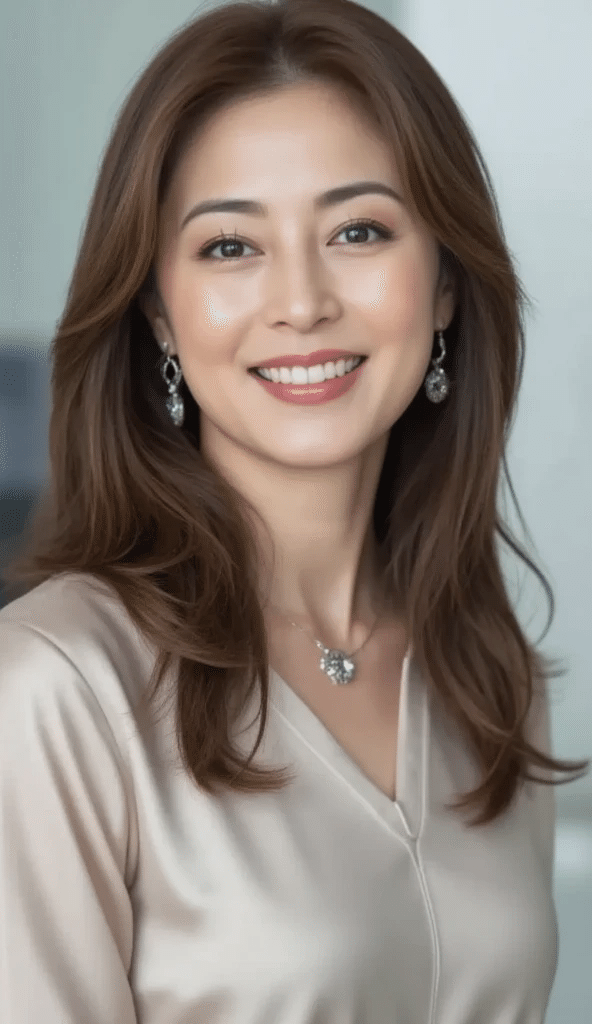 Smiling woman with long brown hair wearing a light-colored top and jewelry